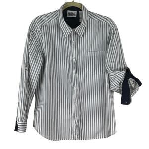 Bill Blass Jeans navy white striped button shirt size large 100% cotton